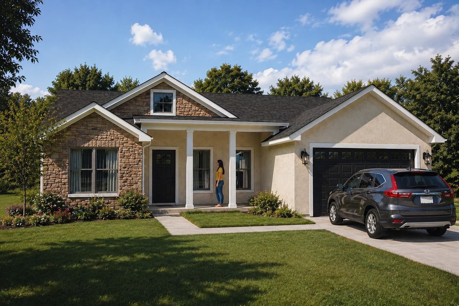 Katherine craftsman model home — Innova Starter Package — stone wainscoting, twin-column covered porch, dark front door, dark double garage, central gable with dormer
